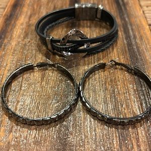 Leather cuff bracelet and hoop earrings